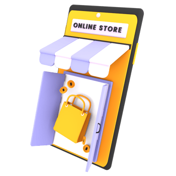 3d online shopping store with mobile, shopping bag icon ecommerce illustration png
