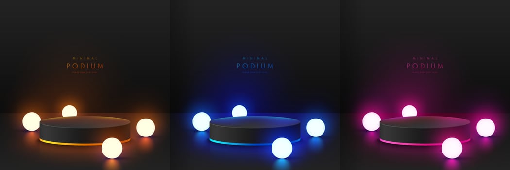 Set of realistic black 3D cylinder pedestal podium with red, pink, blue, yellow glowing sphere balls neon lamps. Abstract minimal wall scene. Mockup products, Stage showcase, Vector geometric forms.