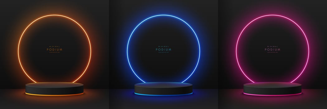 Set of realistic black 3D cylinder pedestal podium with red, pink, blue, yellow glowing light round circle neon scene. Abstract minimal scene. Mockup products, Stage showcase, Vector geometric forms.