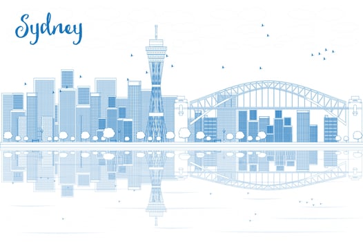 Outline Sydney City skyline with skyscrapers and reflections. vector