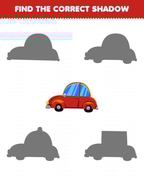 Education game for children find the correct shadow set of transportation red car vector