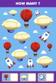Education game for children searching and counting activity for preschool how many air transportation balloon rocket zeppelin vector