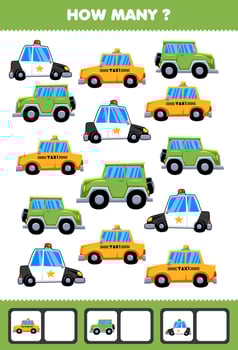 Education game for children searching and counting activity for preschool how many transportation taxi jeep police car vector