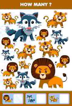 Education game for children searching and counting activity for preschool how many cute carnivore animal lion tiger wolf vector