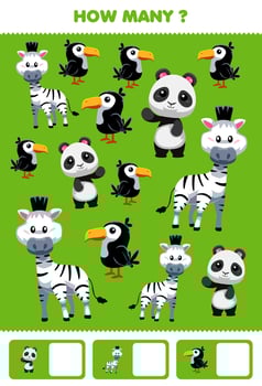 Education game for children searching and counting activity for preschool how many cute black and white animal toucan bird panda zebra in green background vector