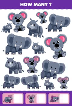 Education game for children searching and counting activity for preschool how many cute grey animal rhino koala elephant vector