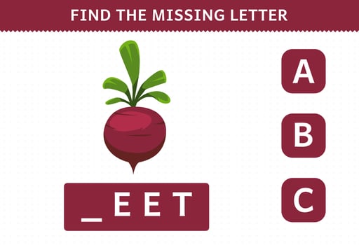 Education game for children find missing letter cute cartoon vegetable beet worksheet vector