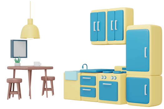 Interior kitchen counter furniture set 3d render png