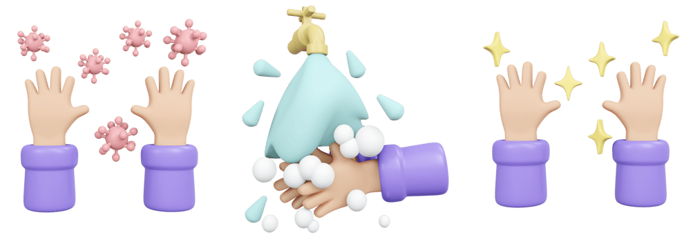 Washing hand with water and soap steps 3d render png