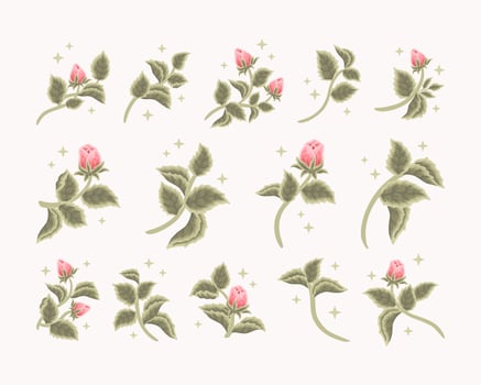 Collection of vintage romantic rose flower bud feminine logo, beauty label, branding elements vector
