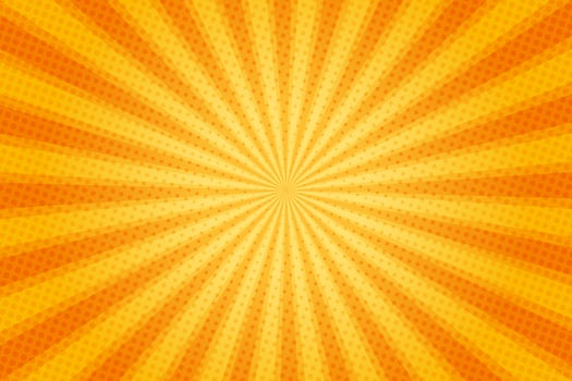 Sun rays retro vintage style on yellow and orange background, Comic pattern with starburst and halftone. Cartoon retro sunburst effect with dots. Rays. Summer banner vector illustration.