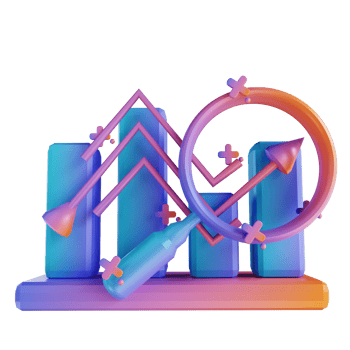 3D illustration colorful data graph rising and magnifying glass png