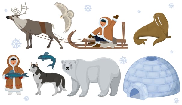 Set of ethnic Eskimos with polar animals. Polar owl, bear, walrus, deer. Vector illustration isolated on white background.