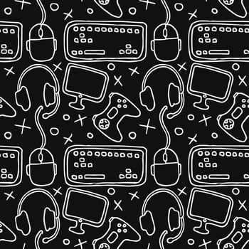 Seamless gaming pattern. Background with gamepad,monitor, keyboard, computer mouse, headphones vector