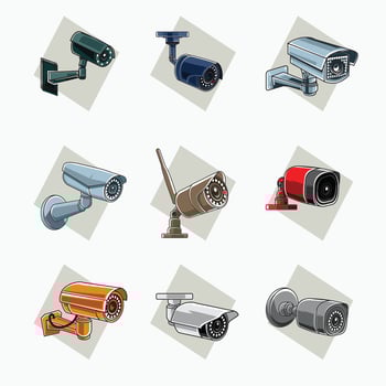 vector illustrations - colorful CCTV set camera surveillance for security system - flat cartoon style