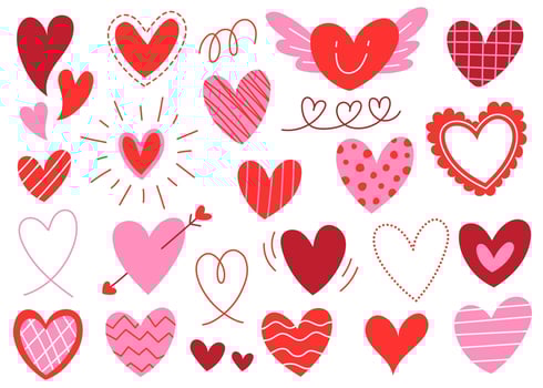 Cute Heart Element Decoration Valentine's Day Love Romantic Red Pink Line Form Doodle Cartoon Hand Drawing Sketch Vector Illustration Pack Set Bundle Collection