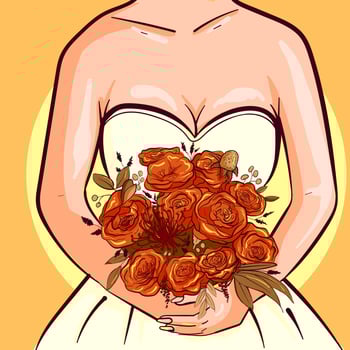 Vector illustration of a bride in a white dress holding a bohemian bouquet of flowers. Hands of a married woman with floral decorations. Design for cards, posters and invitations.