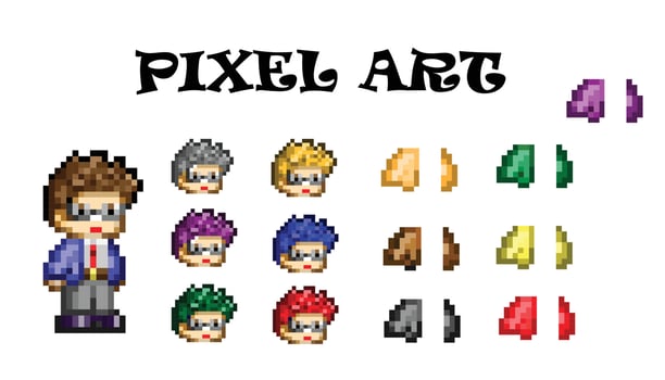 Pixel art illustration of male character, vector design.