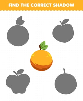 Education game for children find the correct shadow set of cartoon fruit orange vector