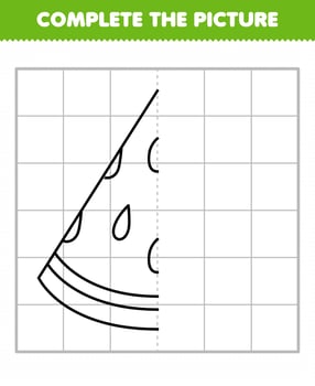 Education game for children complete the picture cute cartoon fruit watermelon slice half outline for drawing vector