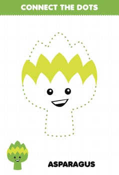 Education game for children connect the dots handwriting practice with cute cartoon vegetable asparagus character vector