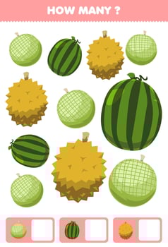 Education game for children searching and counting activity for preschool how many cartoon fruits melon watermelon durian vector
