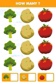 Education game for children searching and counting activity for preschool how many cartoon vegetables broccoli potato tomato vector