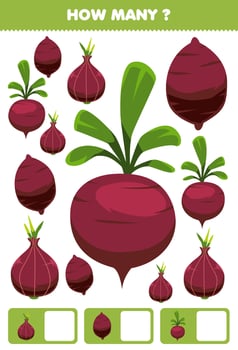 Education game for children searching and counting activity for preschool how many cartoon vegetables yam beet shallot vector
