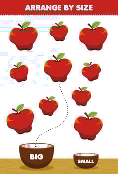 Education game for children arrange by size big or small put it in the bowl cartoon fruit apple pictures vector