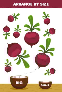 Education game for children arrange by size big or small put it in the bowl cartoon vegetable beet pictures vector