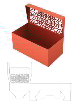 Flip box with stenciled pattern die cut template and 3D mockup vector