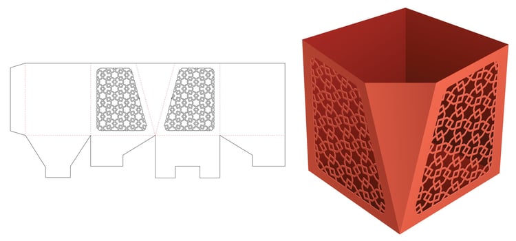Cardboard one chamfered bowl with stenciled pattern die cut template and 3D mockup vector