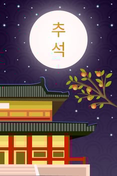 korea chuseok illustration with palace half look at night vector