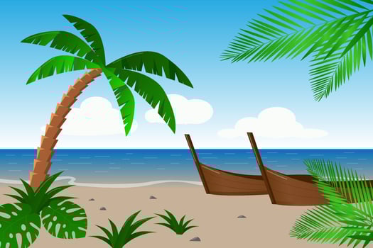 Tropical beach, palm tree, boats, sea, blue sky. Vacation. Sunny postcard. Vector illustration