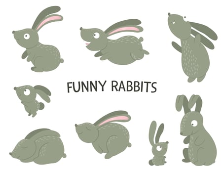 Vector set of cartoon style flat funny rabbits in different poses. Cute illustration of woodland animals. Collection of hares