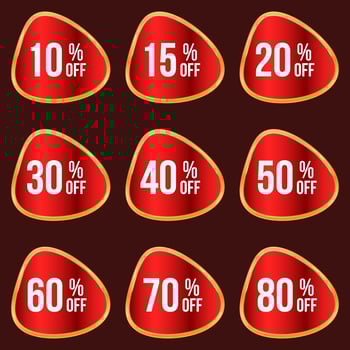super sale round sticker sale tag badge with different percent discount set. up to 10,15,20,25,30,40,50,60,70,80 percent off vector
