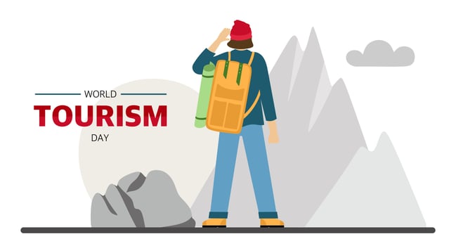 World Tourism Day banner for the holiday. A male traveler is engaged in hiking Hiking with a backpack A tourist in the mountains Vector illustration