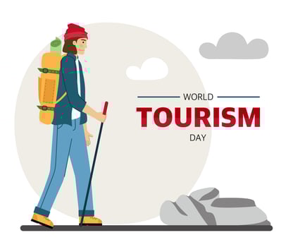 World Tourism Day banner for the holiday. A male traveler is engaged in hiking Hiking with a backpack A tourist in the mountains Vector illustration