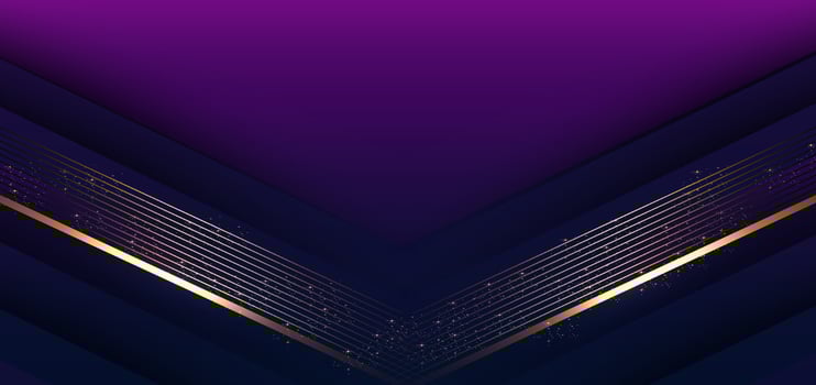 Template triangles purple and dark blue geometric with golden line layer and lighting effect sparkle on dark blue background. Luxury style. vector