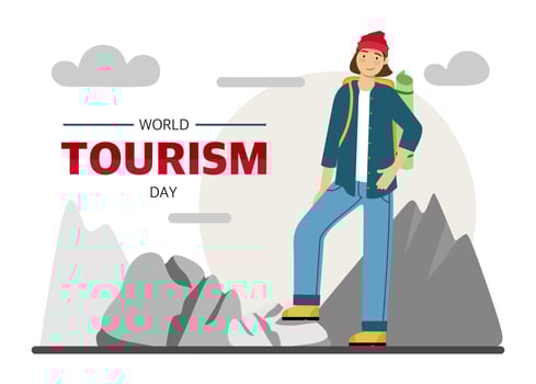 World Tourism Day banner for the holiday. A male traveler is engaged in hiking Hiking with a backpack A tourist in the mountains Vector illustration