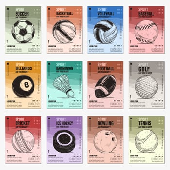 Hand drawn sketches of popular sports balls posters set, Detailed vintage etching drawing vector