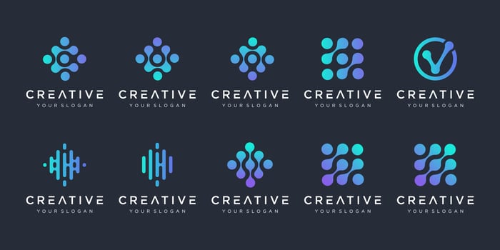 set of monogram logo with dot concept. Universal colorful biotechnology molecule atom DNA chip symbol. This logo is suitable for research, science, medical, logotype, technology, lab, molecule. vector