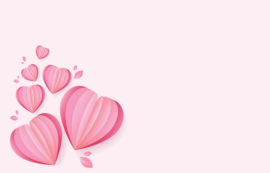 Paper cut elements in shape of heart flying on pink and sweet background. Vector symbols of love for Happy Valentine's Day, birthday greeting card design.