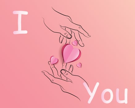 Valentine background, outline of hand and pink heart shaped paper cut, vector illustration valentines day, mother's day, love concept and giving love
