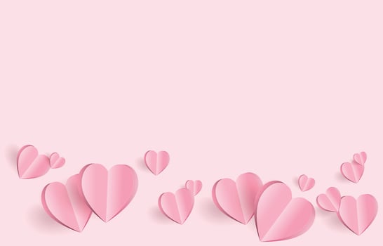 Paper cut elements in shape of heart flying on pink and sweet background. Vector symbols of love for Happy Valentine's Day, birthday greeting card design.