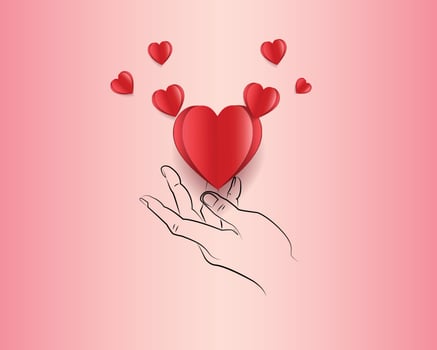 Valentine background, outline of hand and red heart shaped paper cut, vector illustration valentines day, mother's day, love concept and giving love