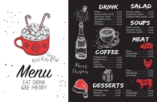 Christmas menu. Design template. Vector hand drawn illustration.