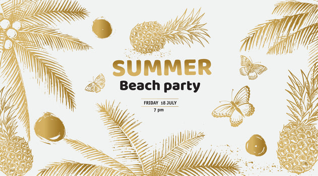 Hello Summer, palm tree, glasses, pineapple. Hand drawn illustration vector