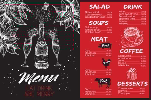 Christmas menu. Vector hand drawn illustration. Design template.