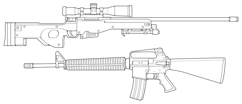 Set of firearms line art style, Shooting gun, Weapon illustration, Vector Line, Gun illustration, Modern Gun, Military concept, Pistol line art for training